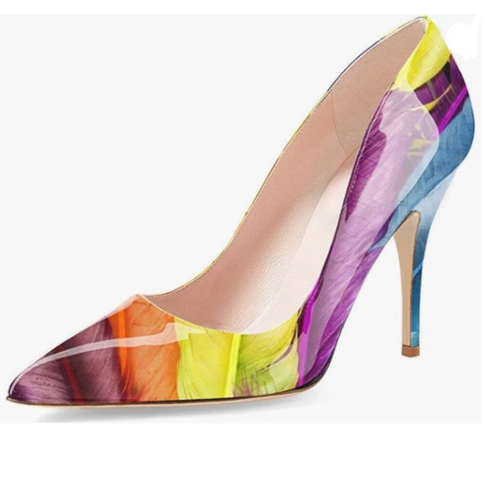 Ydn Print Feather Pointed Closed Toe Stilettos He… - image 1